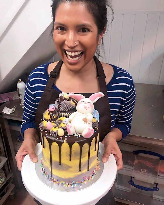 Reshmi and a bunny cake