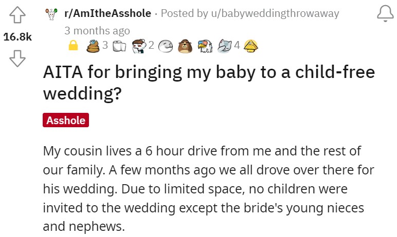 aita for bringing my baby to a childfree wedding